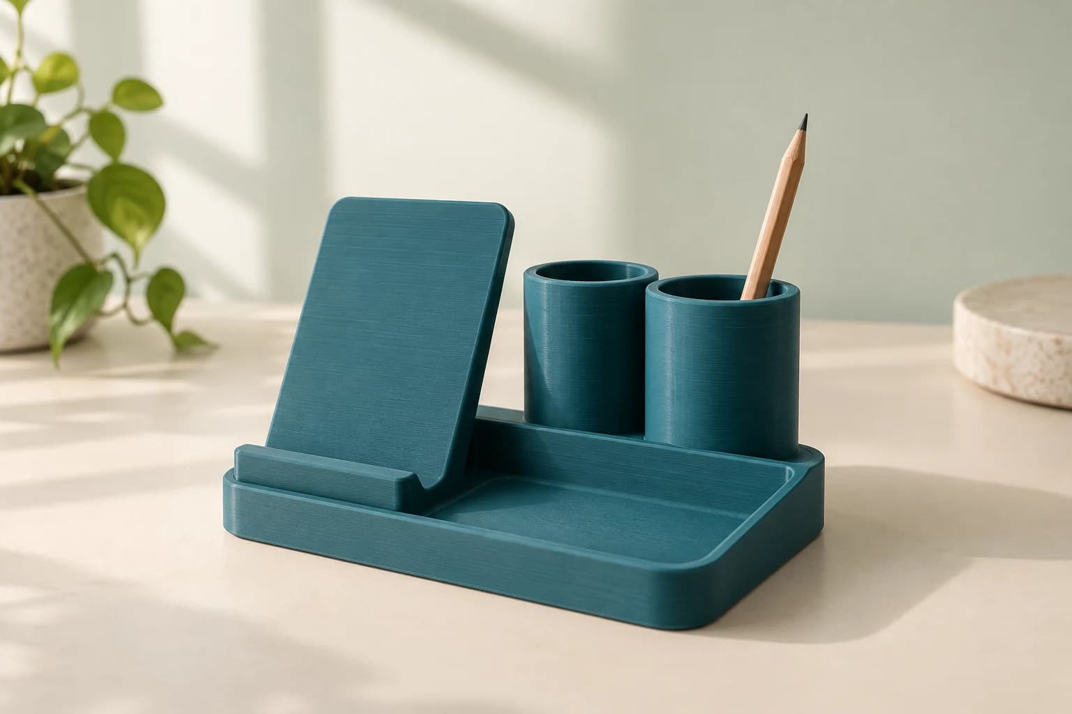A functional printed desk organizer and phone stand with visible layer detail