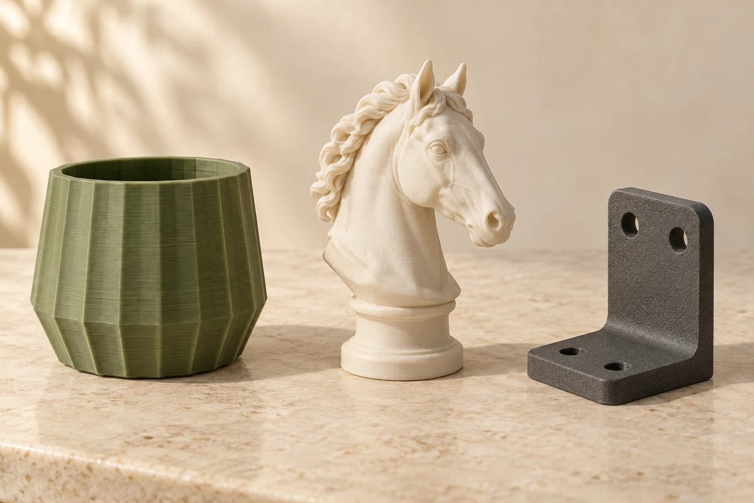 A layered green pot, a smooth ivory horse sculpture, and a finely textured charcoal bracket